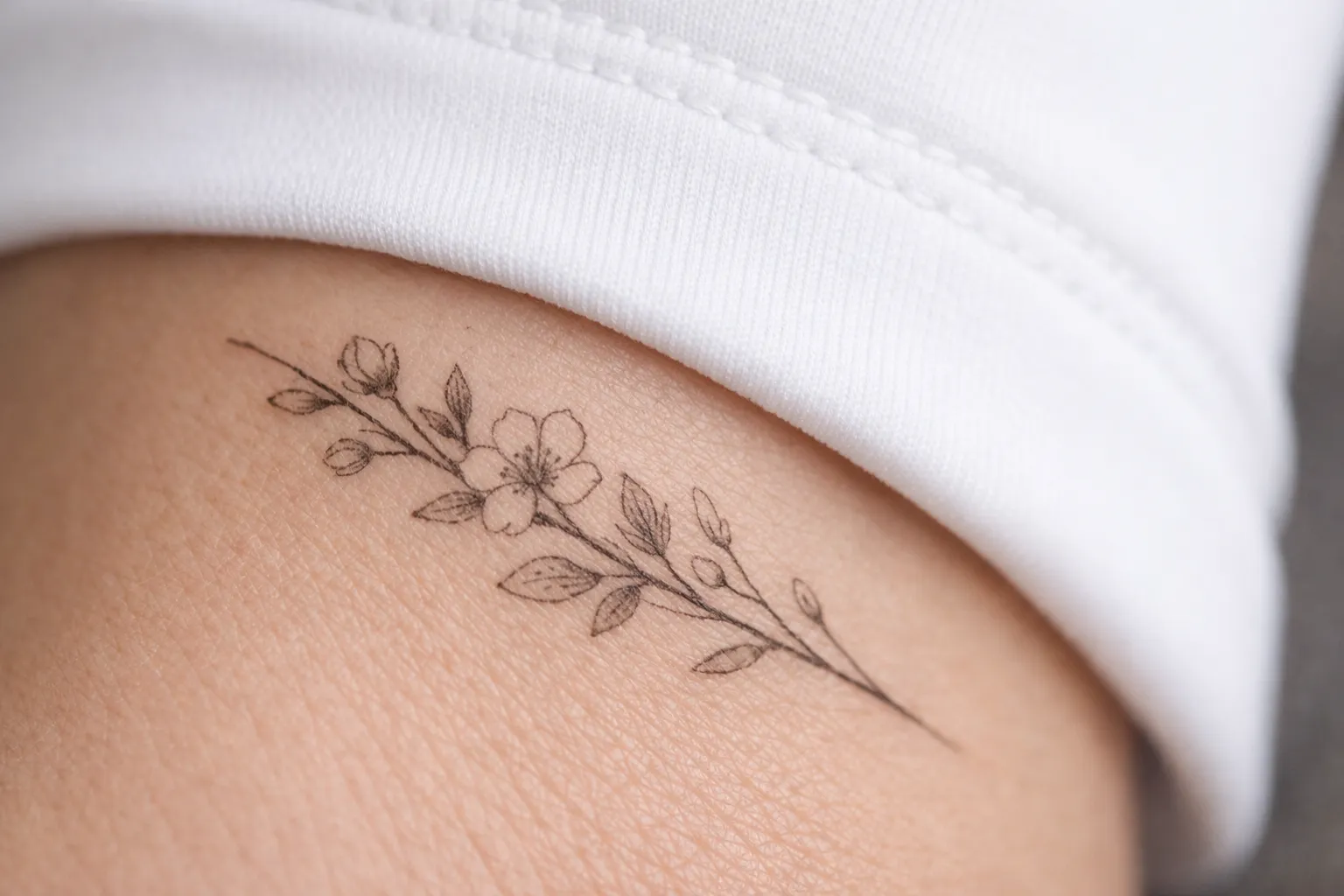 A delicate floral tattoo is inked on skin just beneath the edge of a white sleeve.