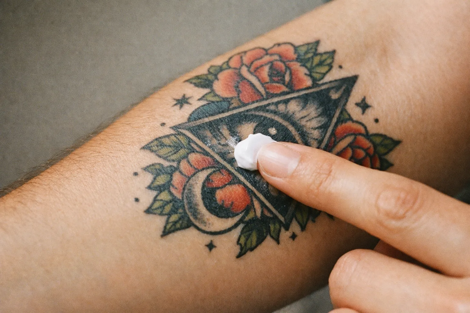 Fingertips applying a small amount of unbranded sunscreen to a tattooed forearm