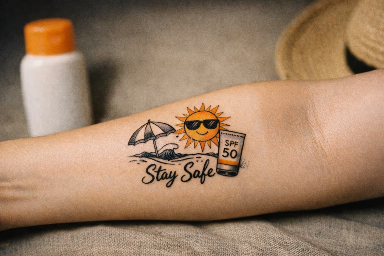 Editorial close-up of tattooed forearm with sun-protection elements