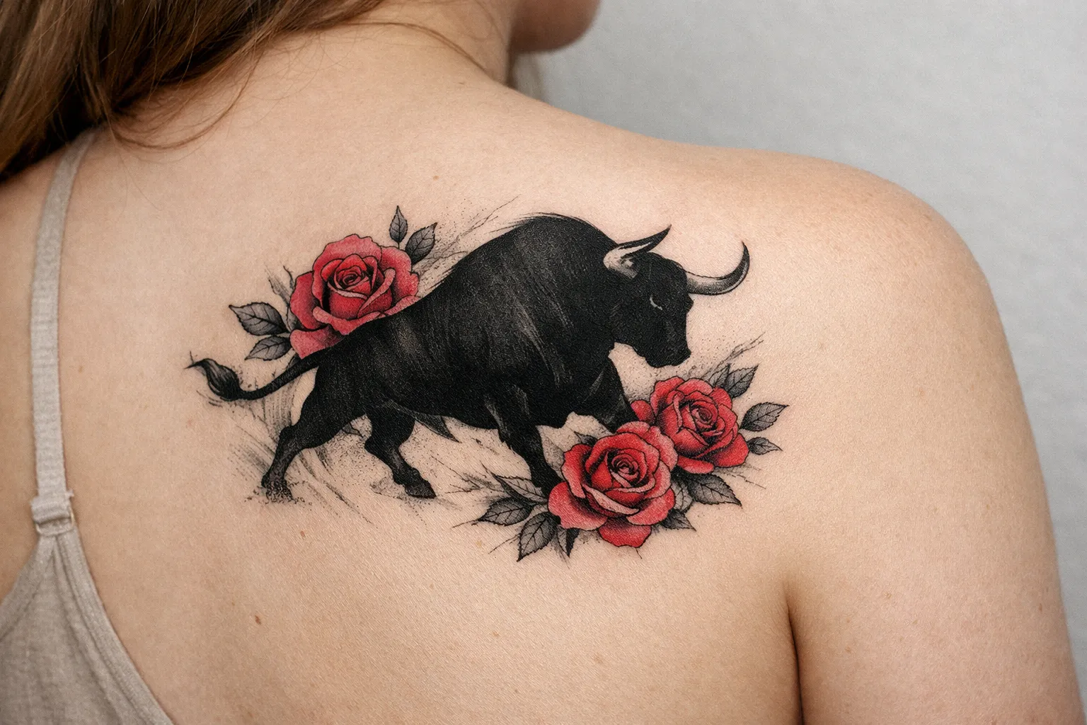 A tattoo of a black bull with red roses on a person's upper back.