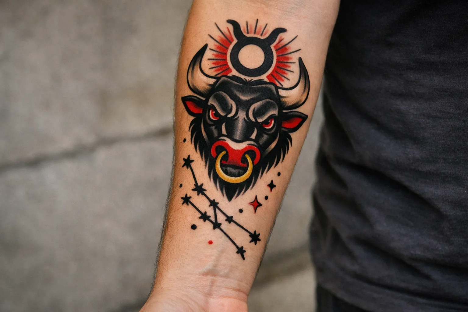 A person displays a colorful Taurus bull and constellation tattoo on their forearm.