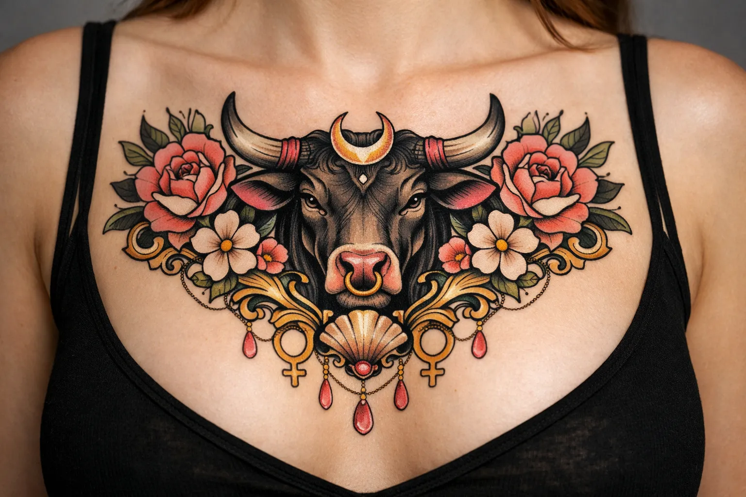 A person with an ornate Taurus bull chest tattoo surrounded by flowers and decorative elements.