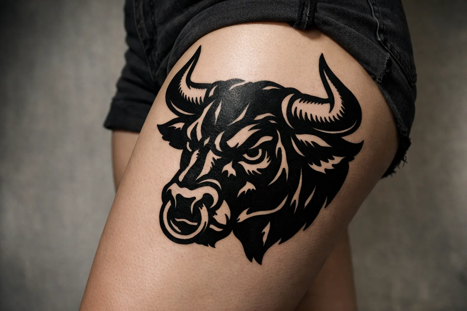 A person with a bold black bull head tattoo on their upper thigh, wearing black shorts.