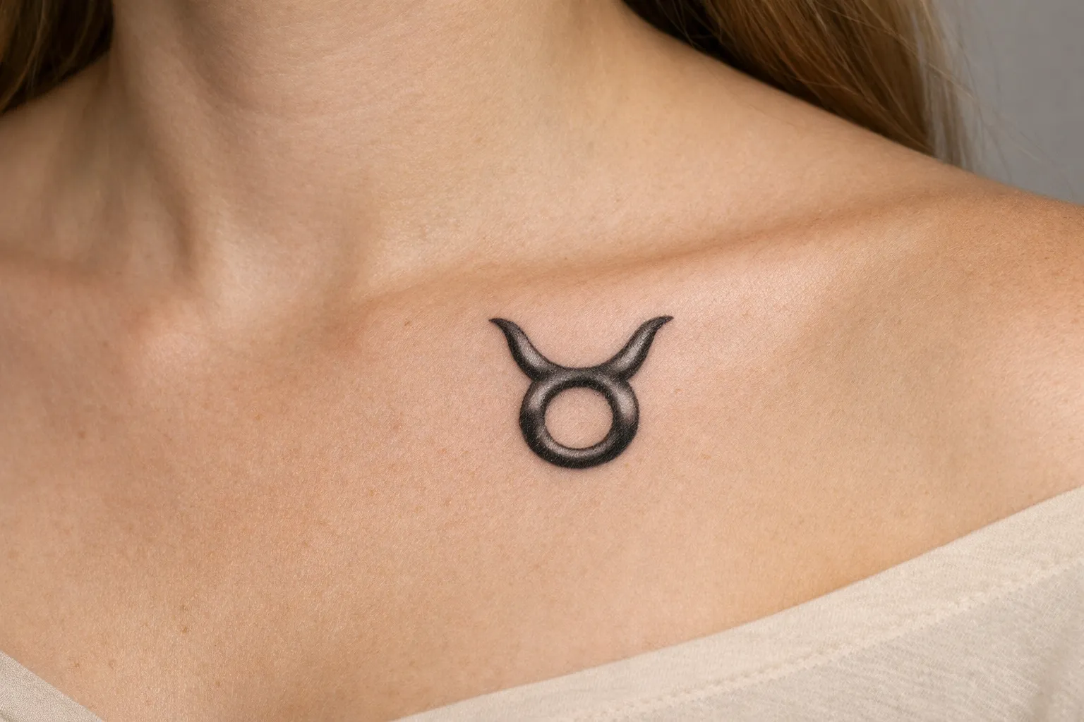 A Taurus zodiac symbol tattoo is visible on a woman's upper chest near the collarbone.