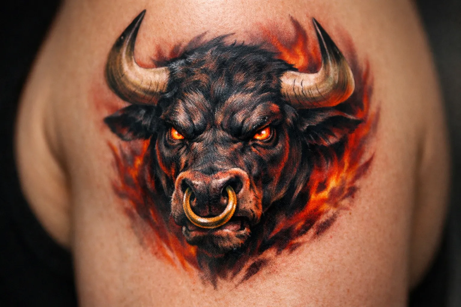 A realistic bull head tattoo with fiery accents on a person's shoulder.