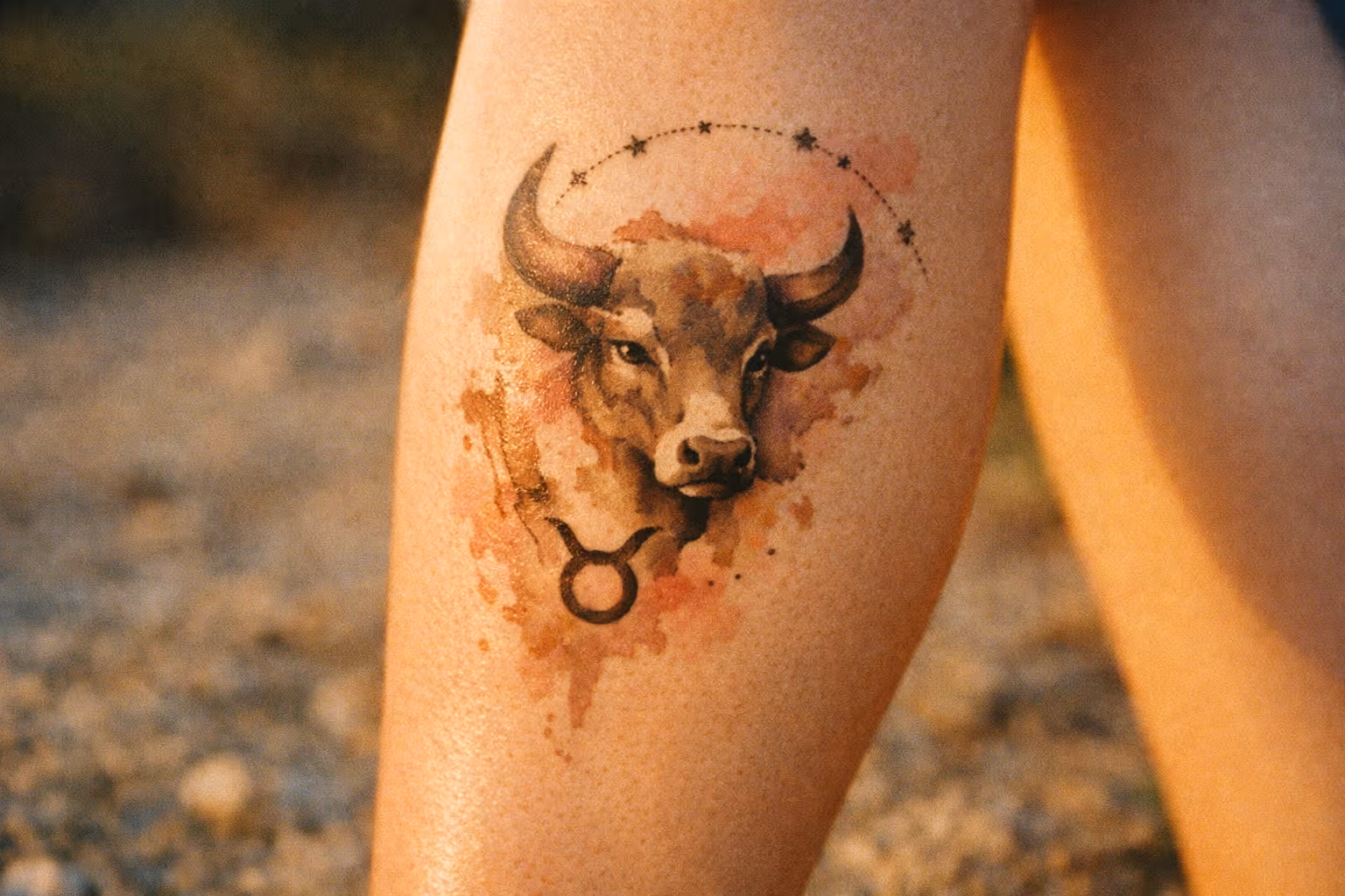 A realistic bull head tattoo with Taurus symbol and stars on a person's leg outdoors.