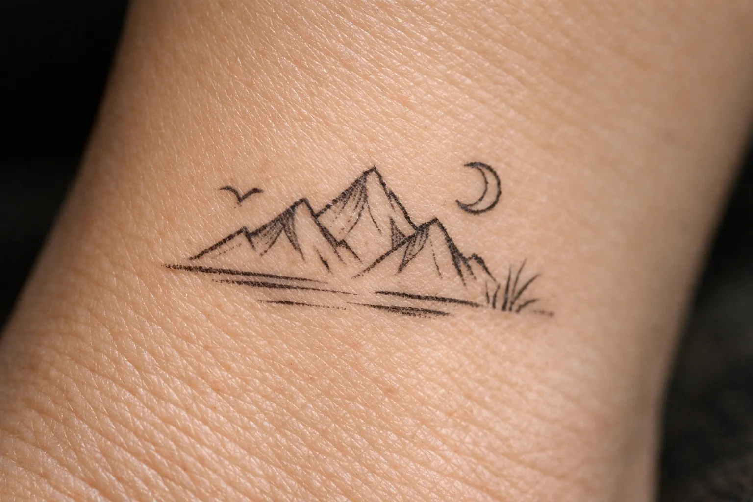 A small mountain landscape tattoo with a crescent moon on a person's skin.
