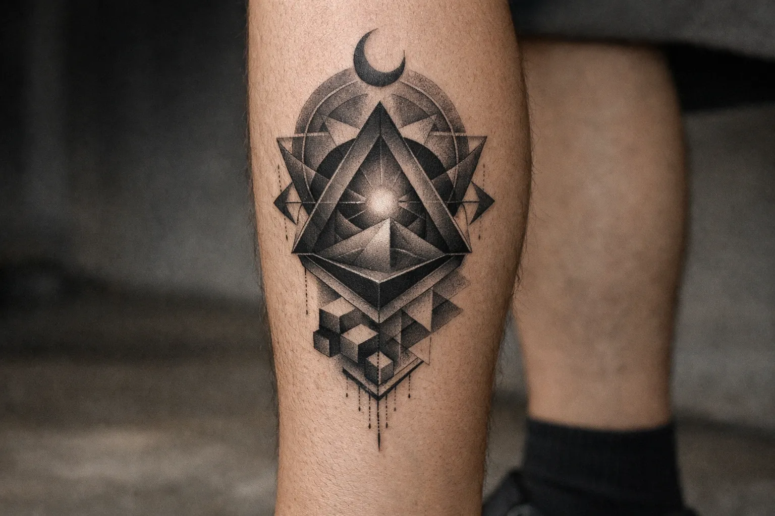 A person's lower leg with a large geometric blackwork tattoo on the calf.