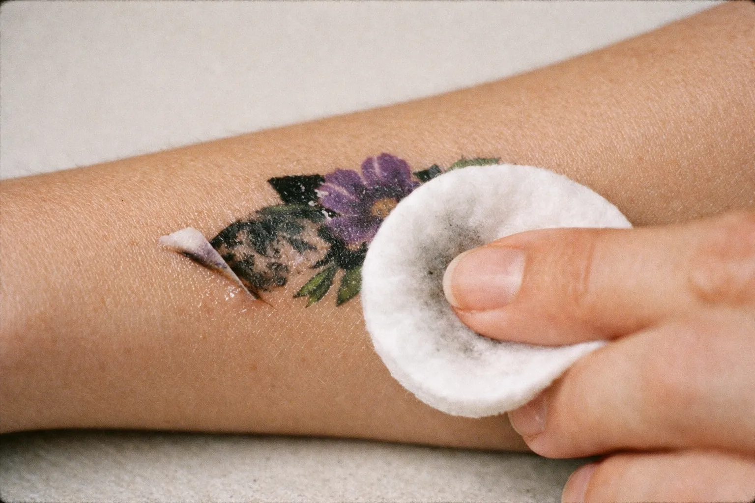 Forearm with a cotton pad pressed over a temporary tattoo to illustrate removal