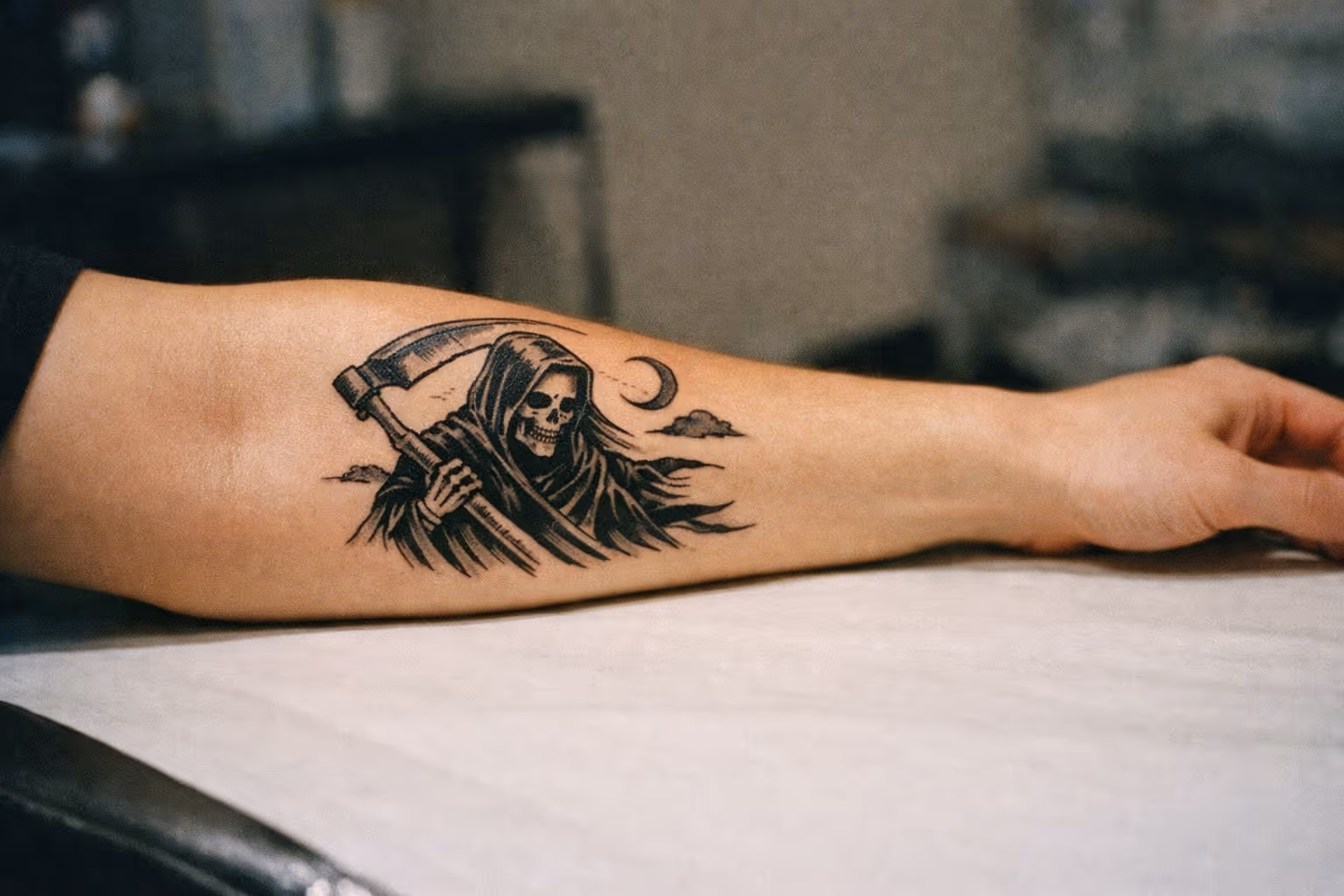 Editorial close-up of a healed temporary tattoo on forearm with crisp linework and natural skin texture