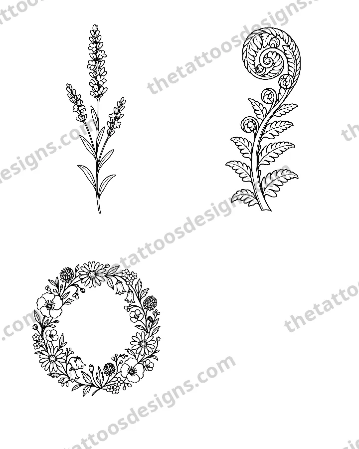 Watermarked botanical flash sheet with lavender, a fern and a floral wreath