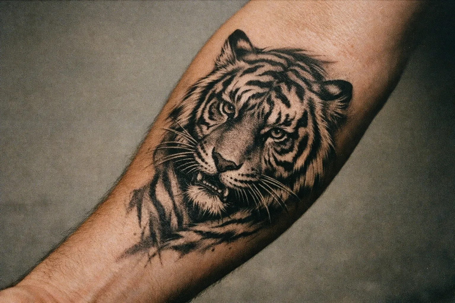Close-up of a forearm with a bold black-and-gray tiger tattoo and subtle shading.