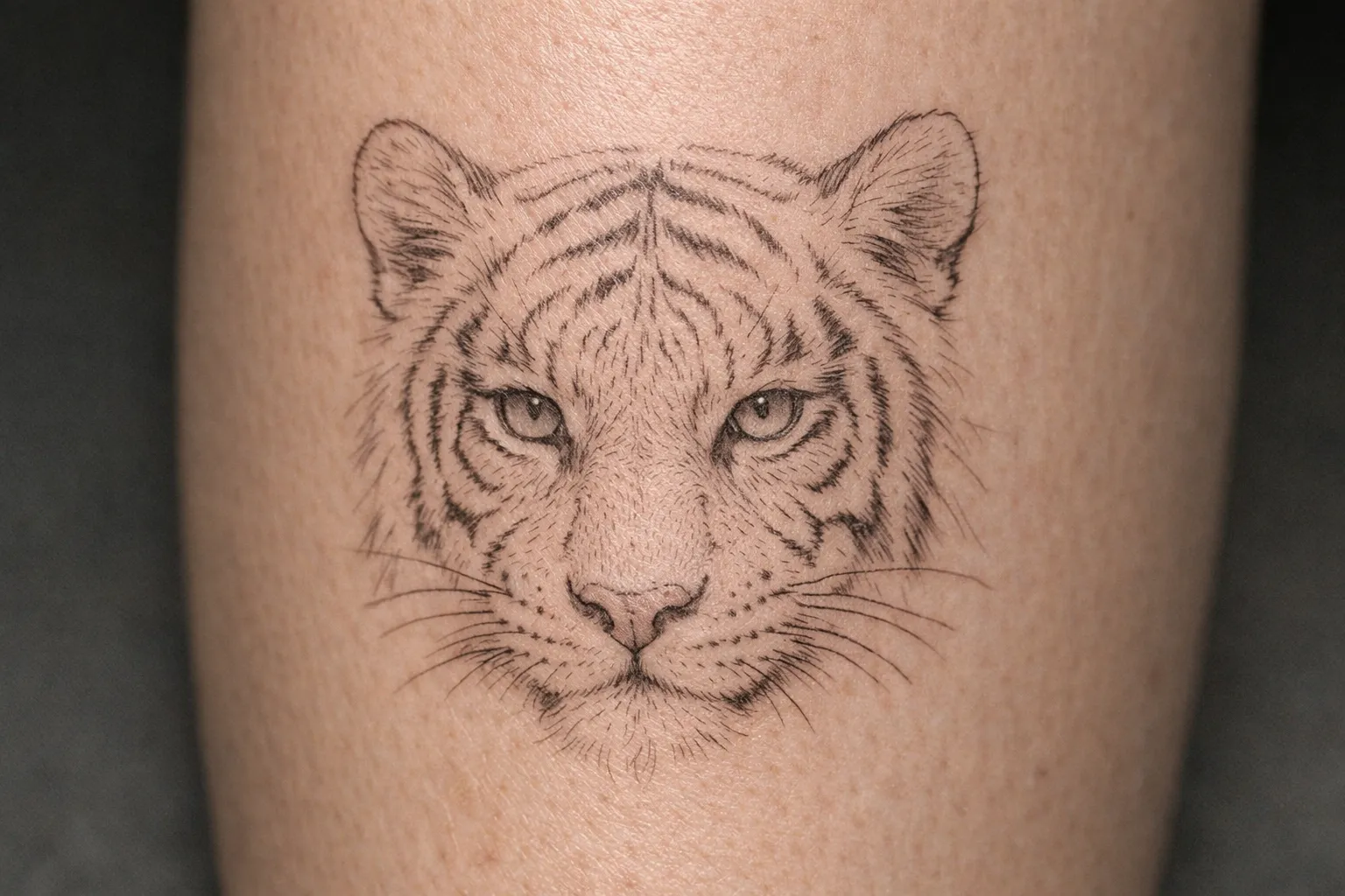 A finely detailed tiger face tattoo on a person's skin
