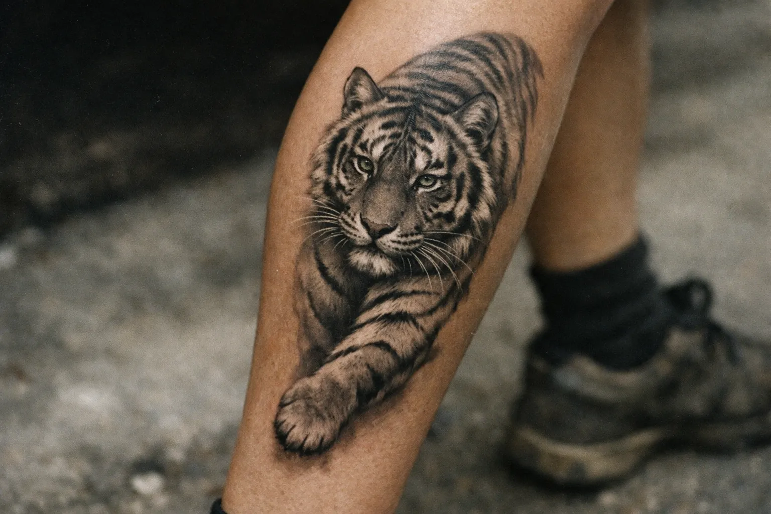 Calf tattoo of a tiger in black-gray style shown at an angle to reveal personal meaning.