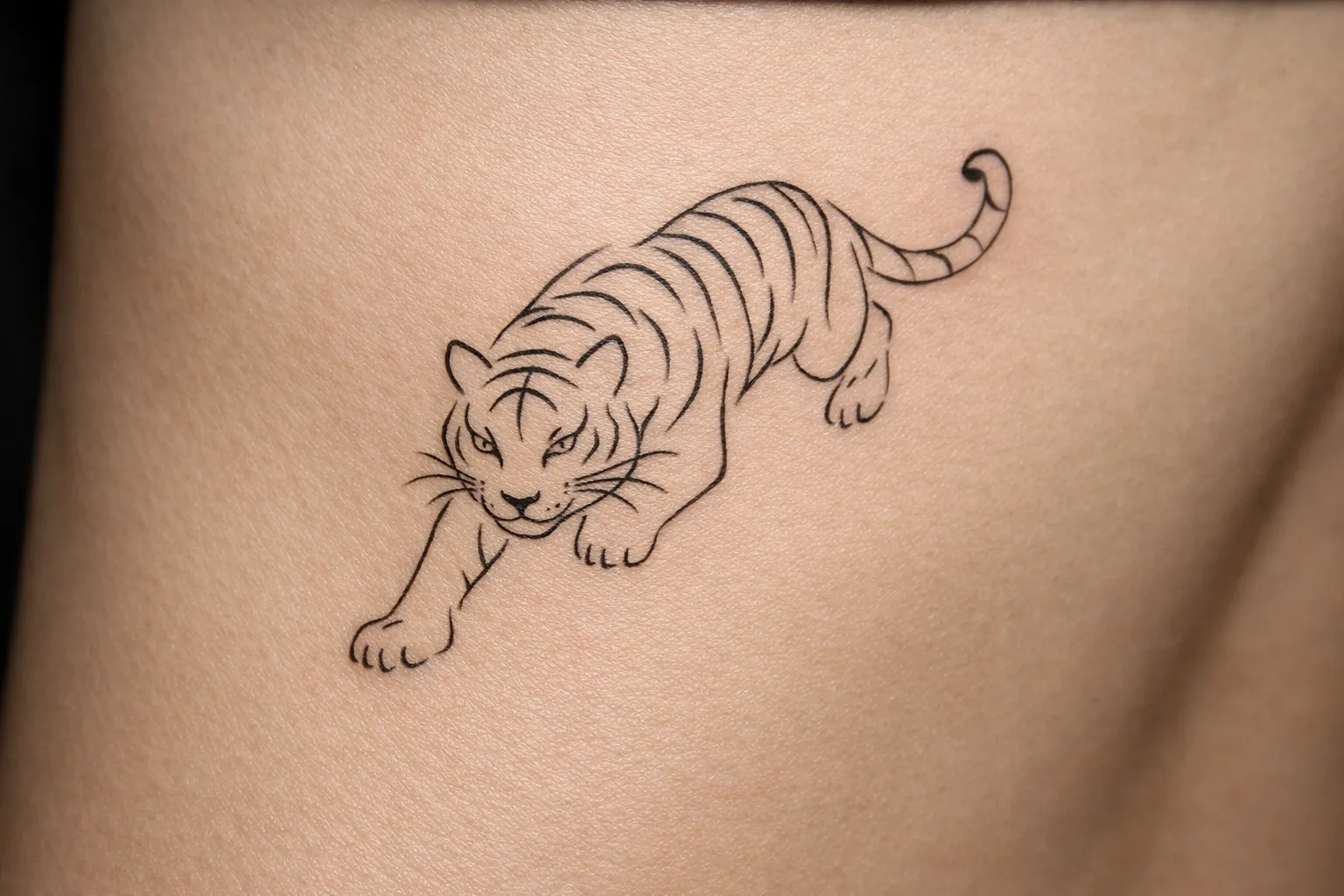 A simple tiger line tattoo is inked on bare skin.