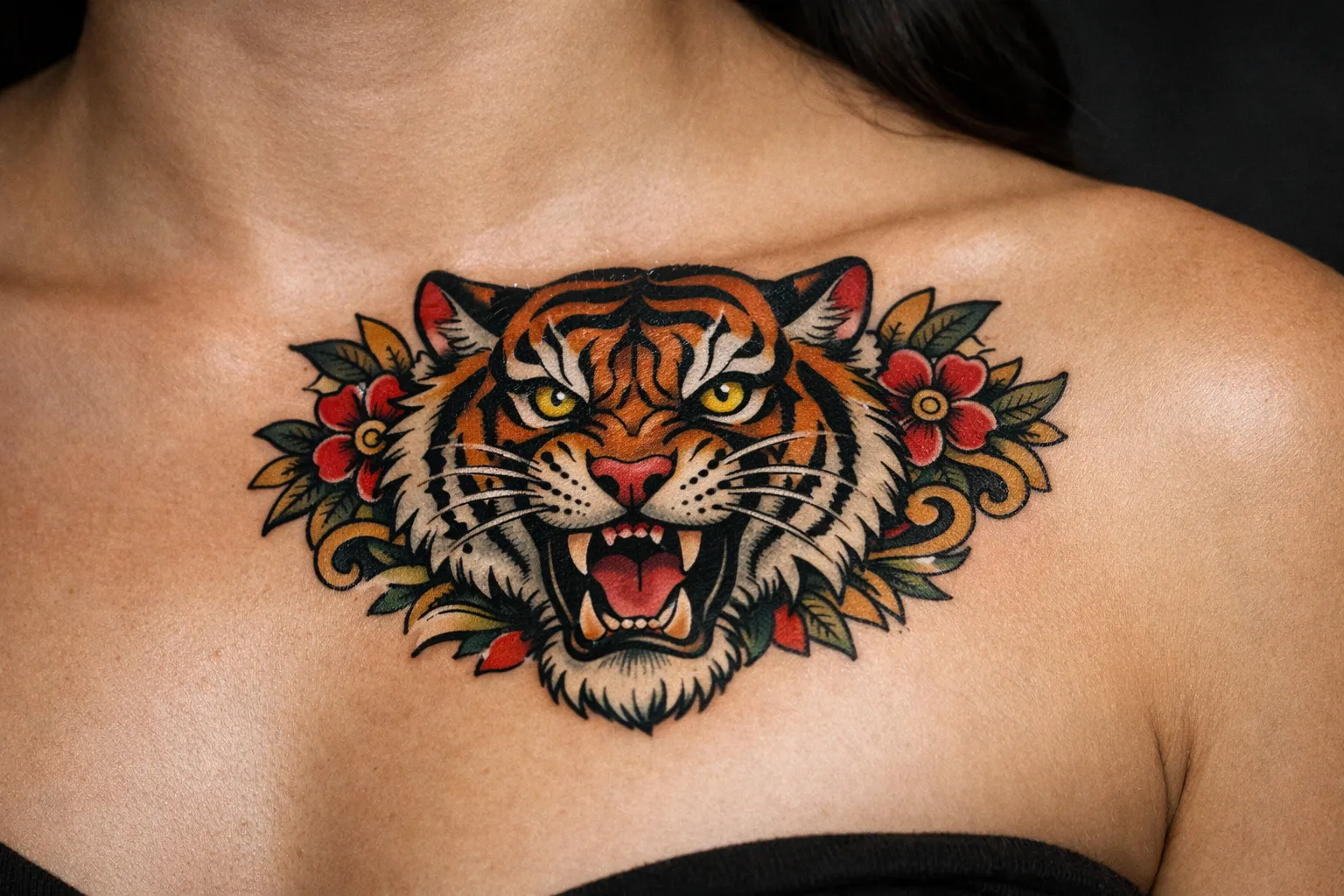A person with a colorful tiger head tattoo across their upper chest and collarbone area.