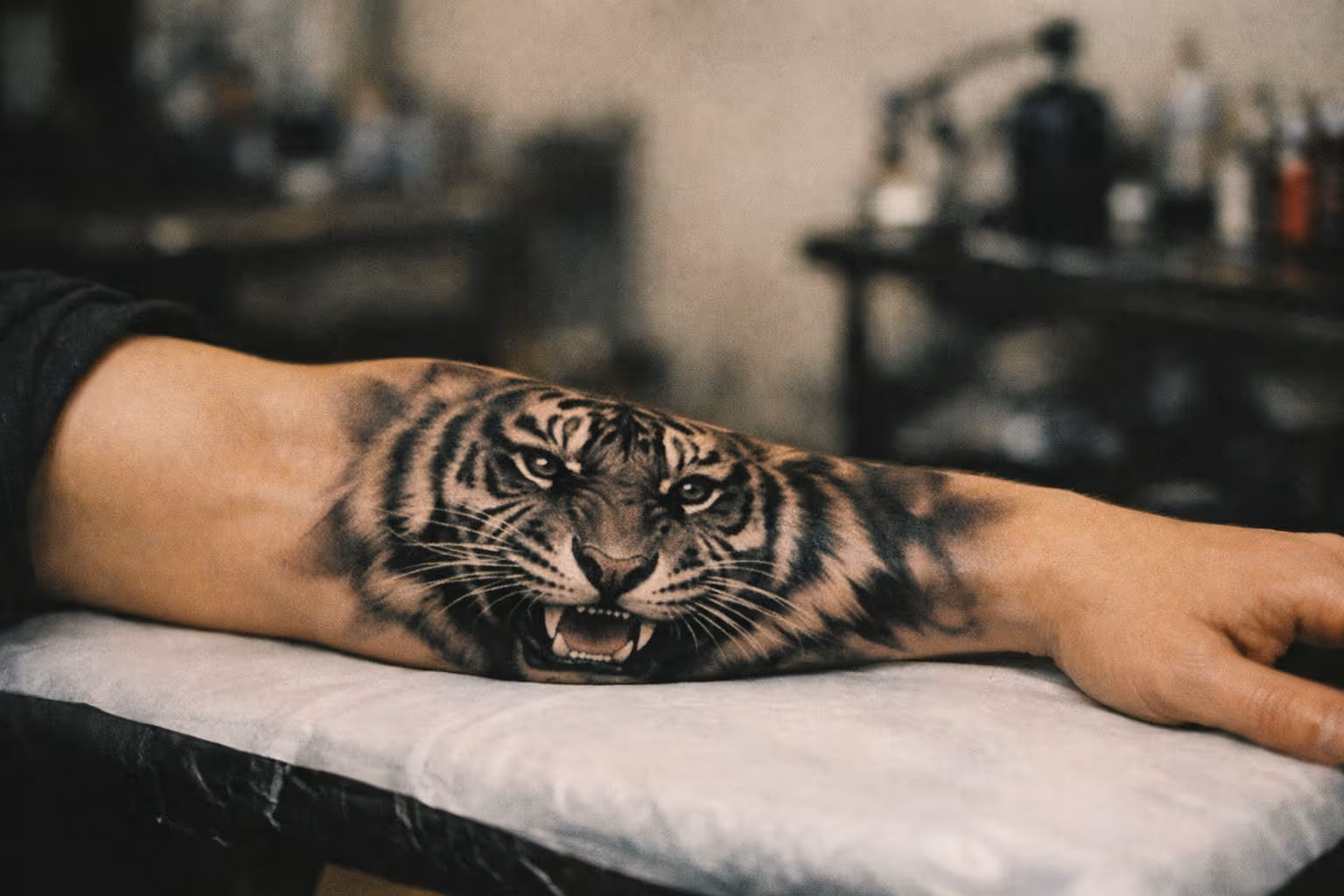 Hero editorial shot of a forearm with a tiger tattoo in black-gray realism, staged in a clean studio.