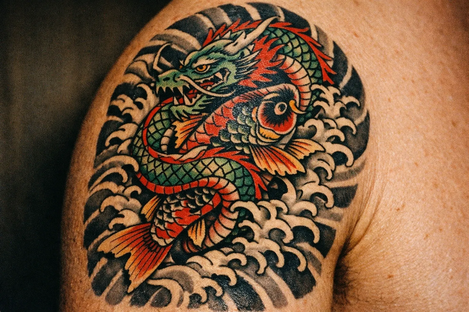 A colorful Japanese dragon and koi tattoo is displayed on a person's upper arm.