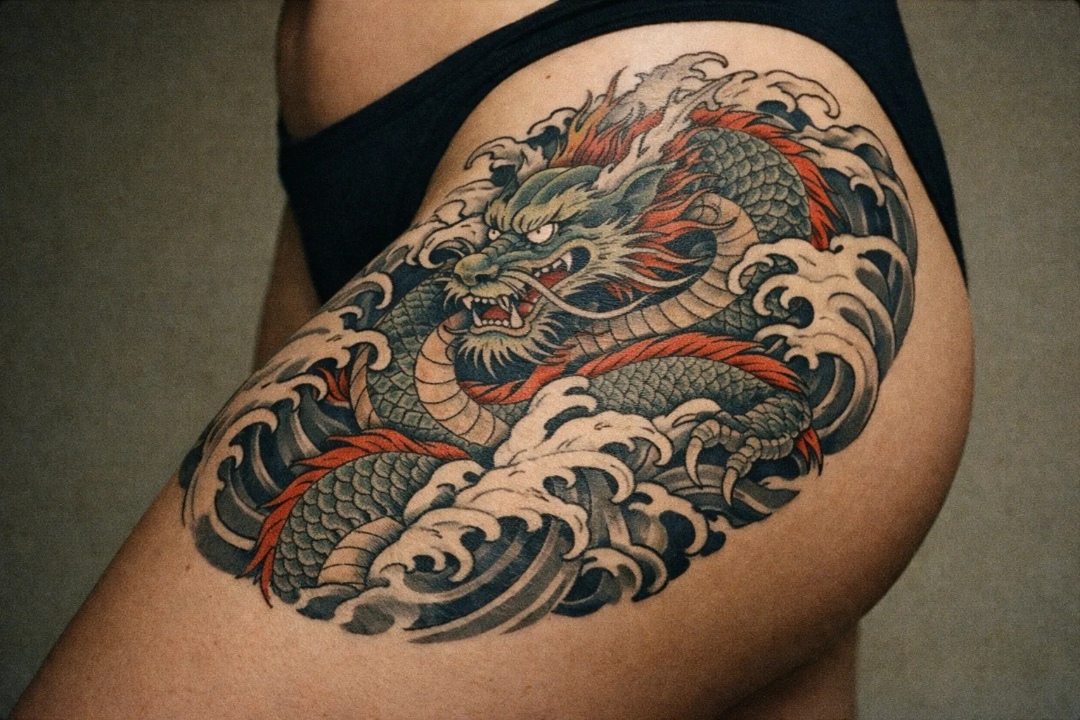 A person with a large traditional Japanese dragon tattoo on their hip and upper thigh.