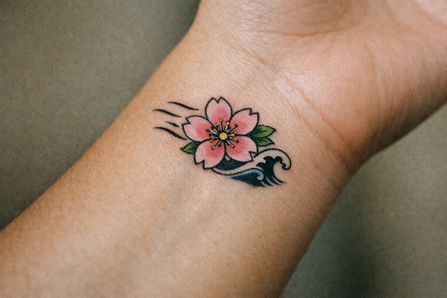A pink cherry blossom and wave tattoo on a person's wrist.