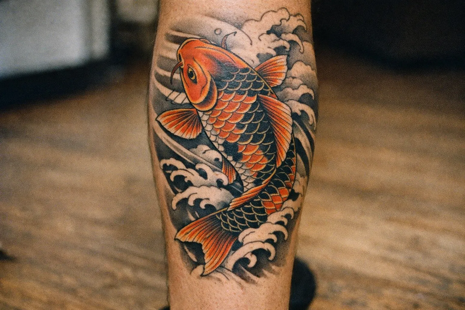 A person's calf with a colorful koi fish tattoo surrounded by waves.