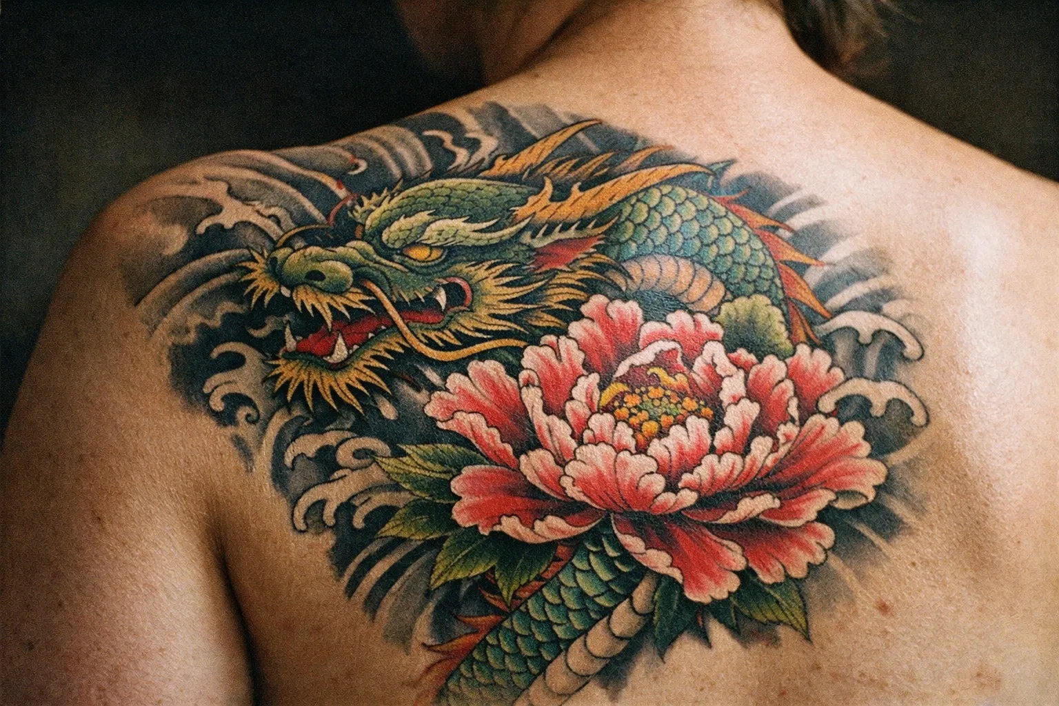 A person's upper back features a large traditional Japanese dragon and peony tattoo.