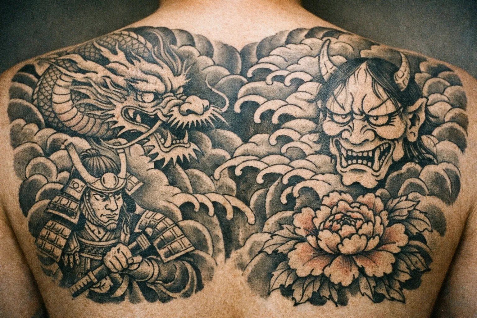 A person's back displays a large Japanese tattoo with a dragon, samurai, hannya mask, and peony flower.