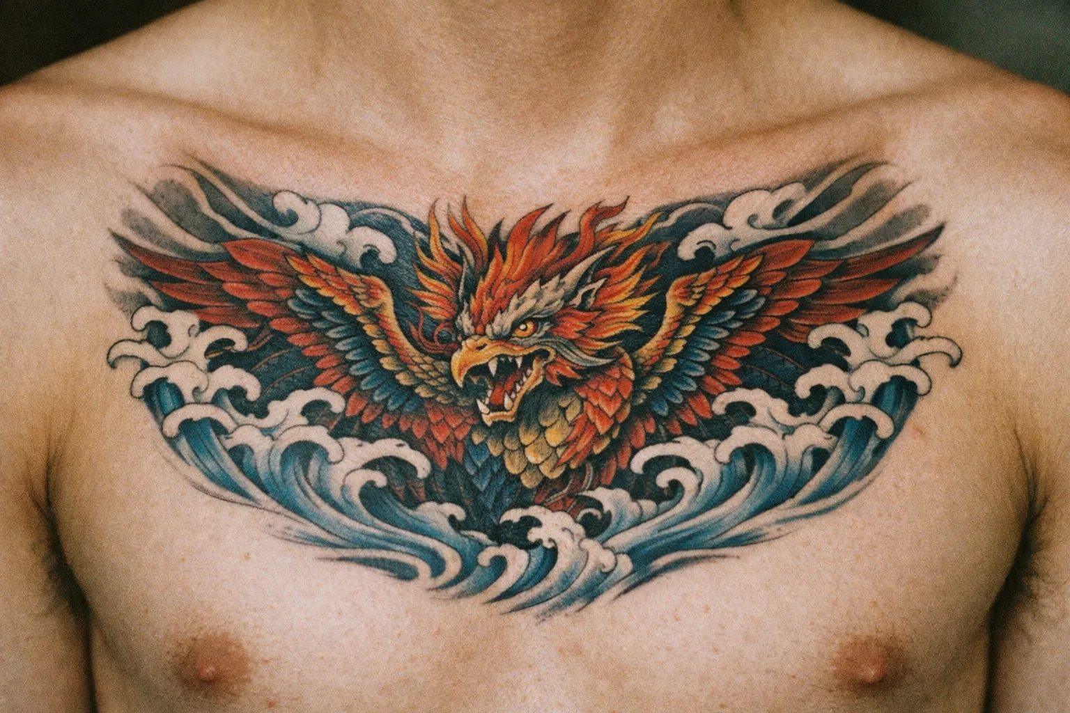 A person's chest shows a large, colorful Japanese-style phoenix tattoo amid swirling waves.
