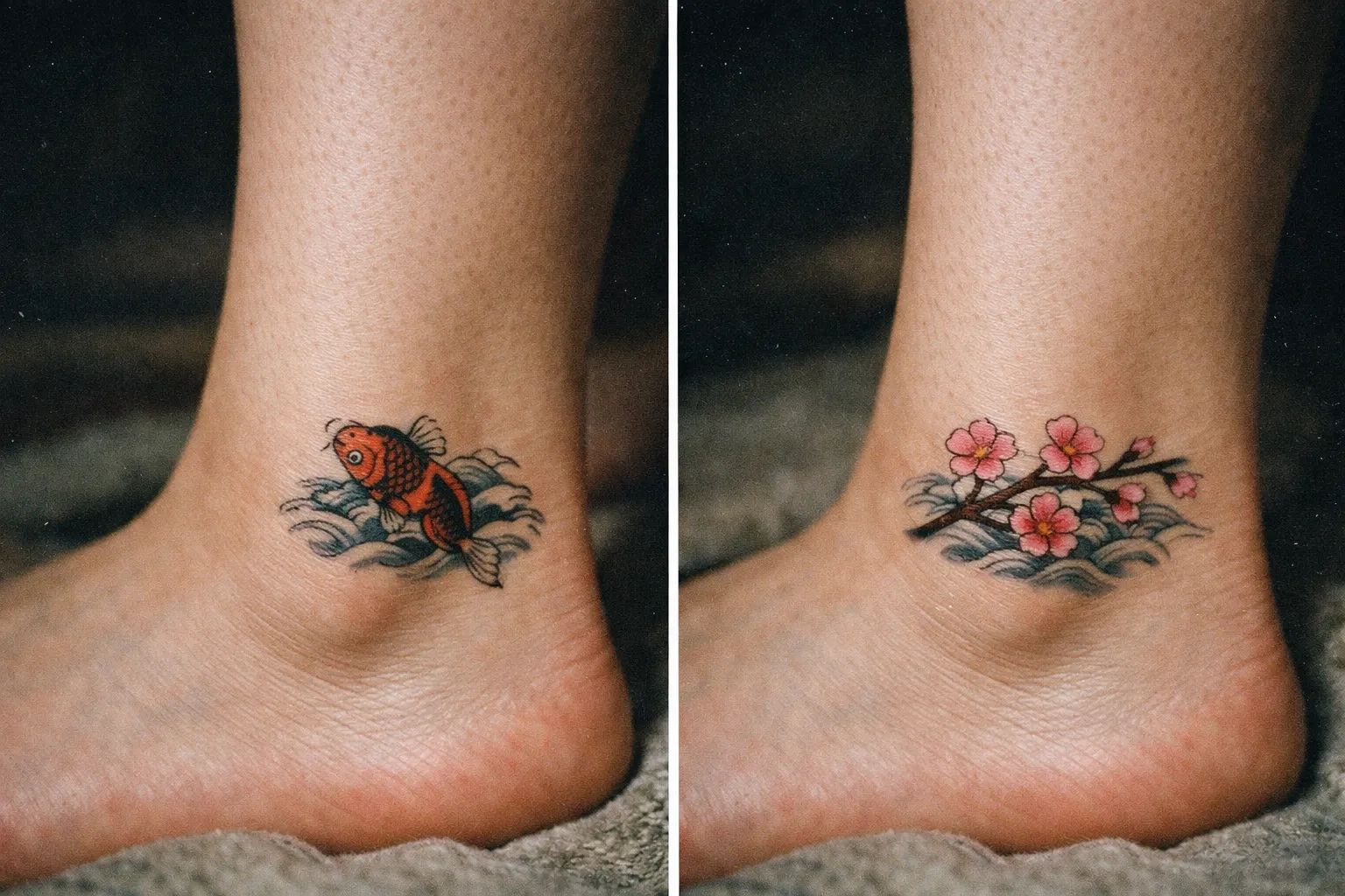 Two ankles with traditional Japanese tattoos, one of a koi fish and one of cherry blossoms above stylized waves.