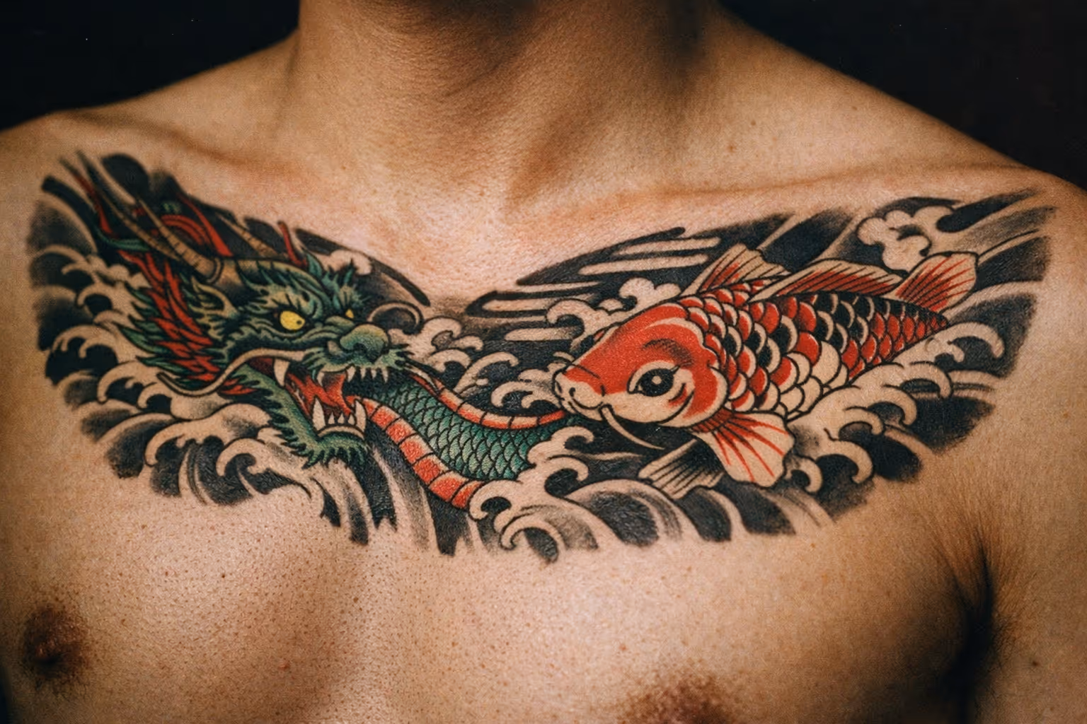 A person's chest with a colorful Japanese dragon and koi fish tattoo design.