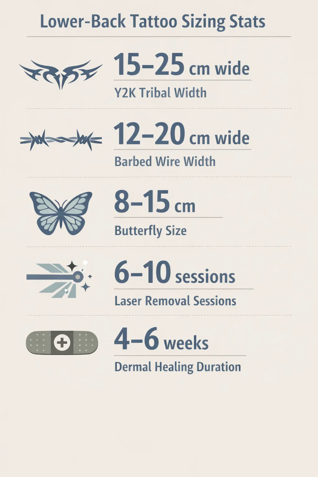 Infographic showing sizing ranges for lower-back tattoo styles, healing timelines, and common design widths.