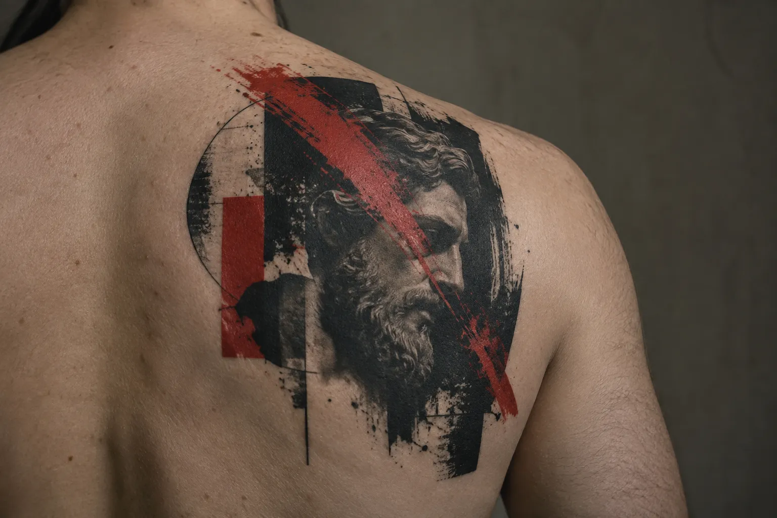 A person's shoulder bears a black-and-red trash polka portrait tattoo indoors.