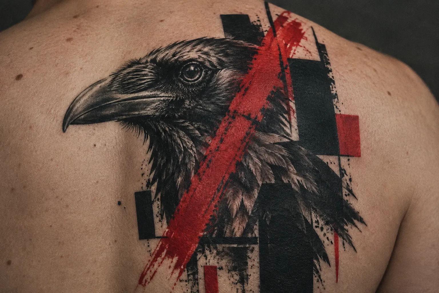 A red-and-black raven tattoo covers a person's upper back.