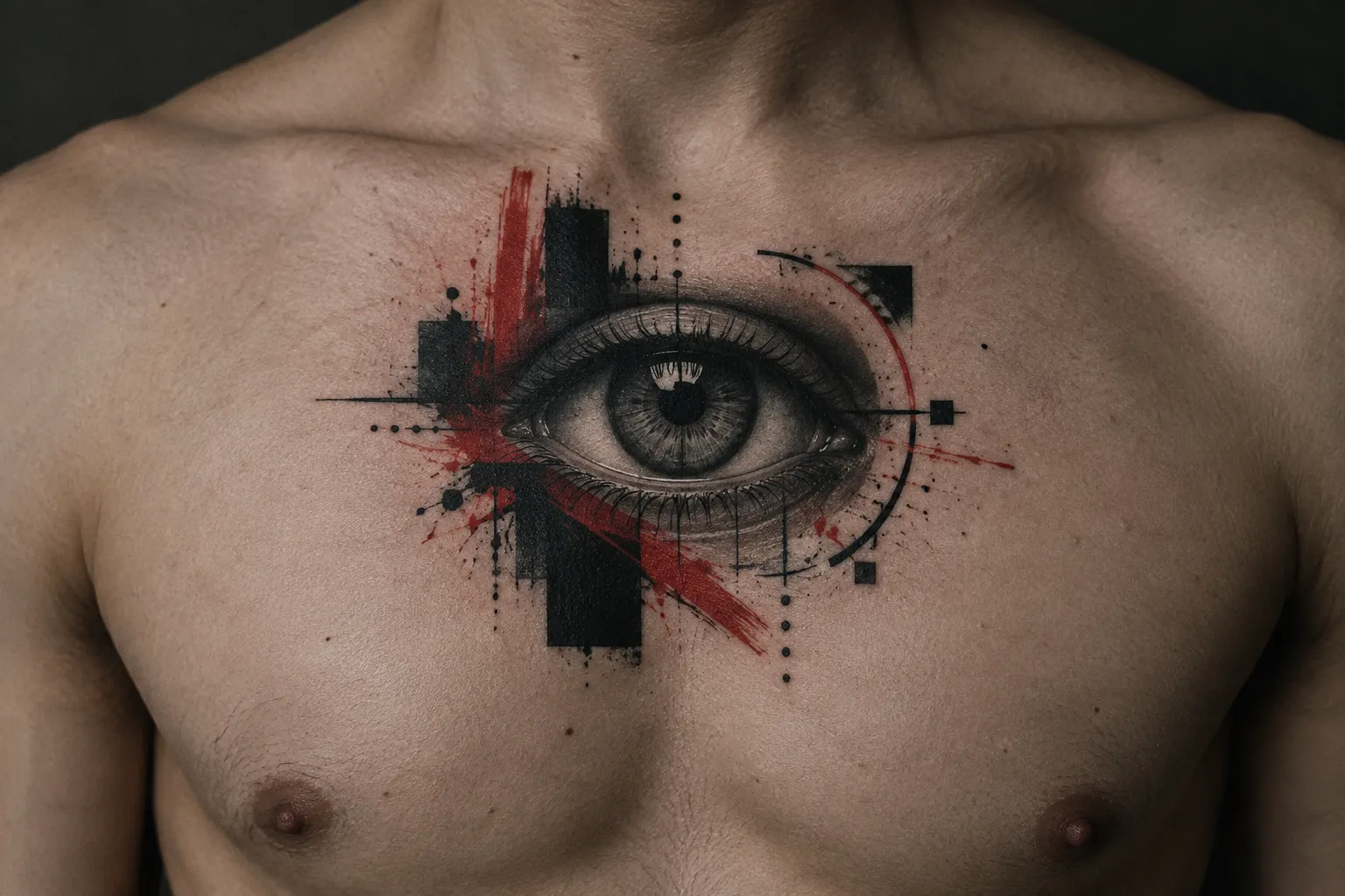 A bare chest bears a large red-and-black trash polka eye tattoo.