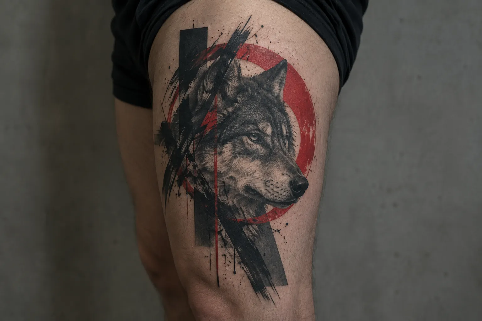 A person's thigh bears a trash polka wolf tattoo against a gray wall.