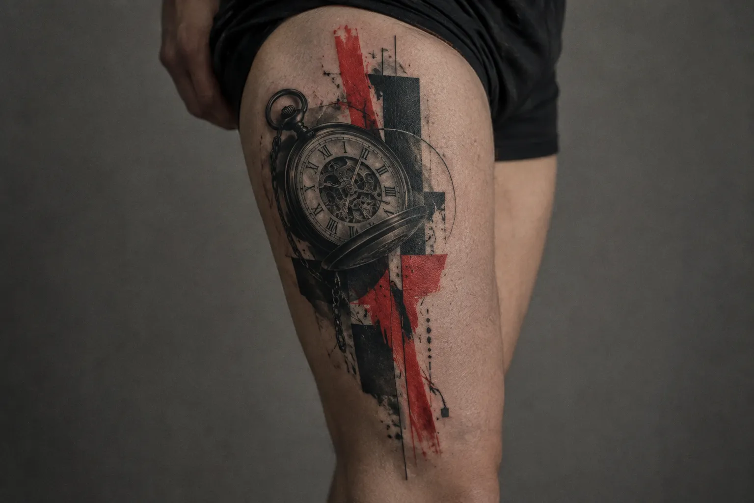 A person's thigh bears a red-and-black trash polka tattoo of an open pocket watch.