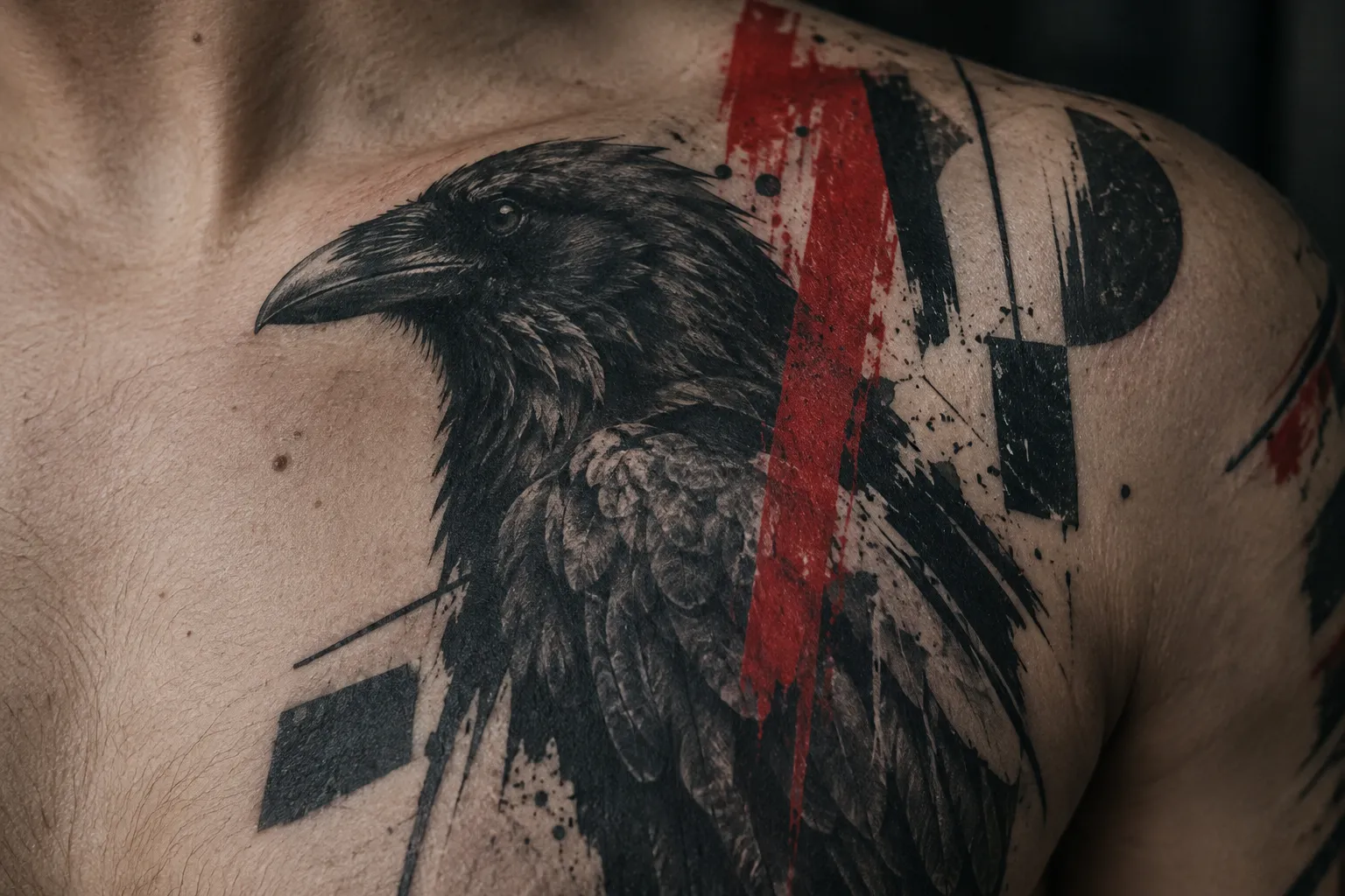 A black-and-red raven tattoo covers a person's shoulder and upper chest.
