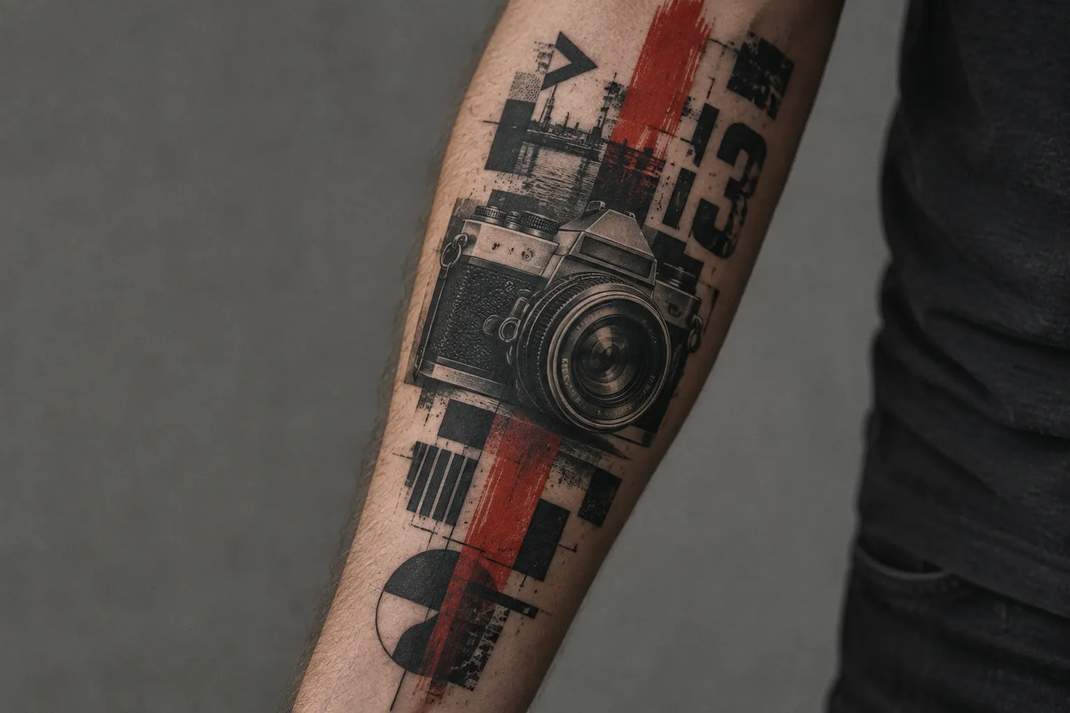 A forearm with a red-and-black camera tattoo in a trash polka style.