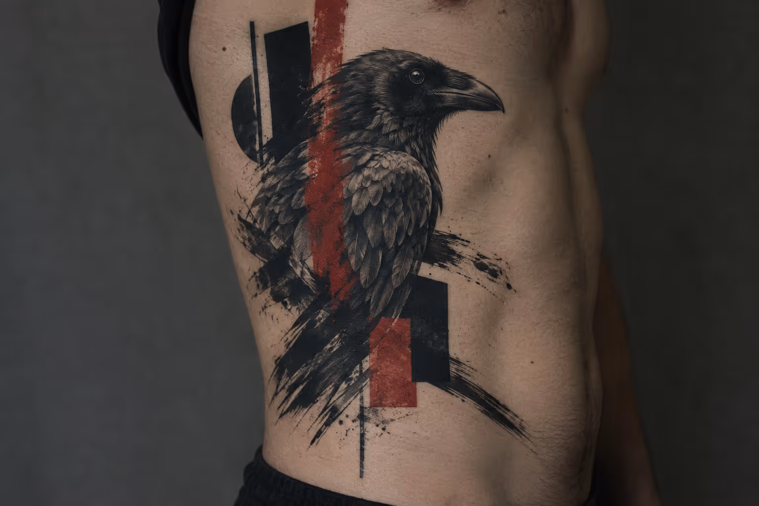 A large black-and-red raven tattoo covers a person's side.