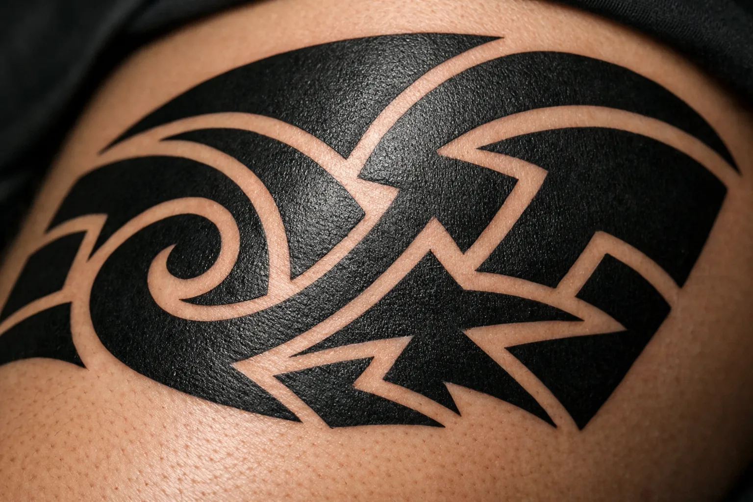 A close-up of a tribal-style black tattoo on human skin.