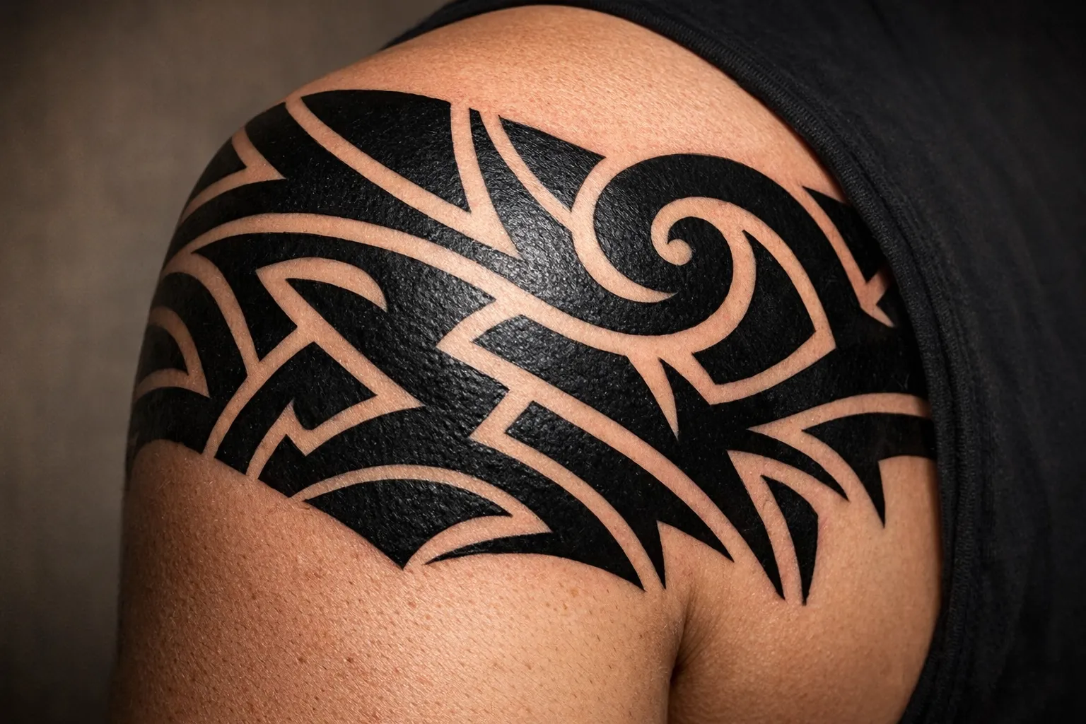A person's upper arm with a bold black tribal tattoo covering the shoulder.