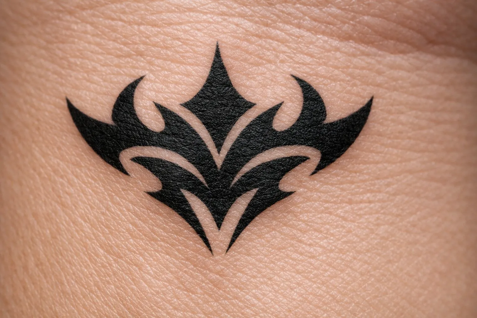 A black tribal tattoo design on pale skin.