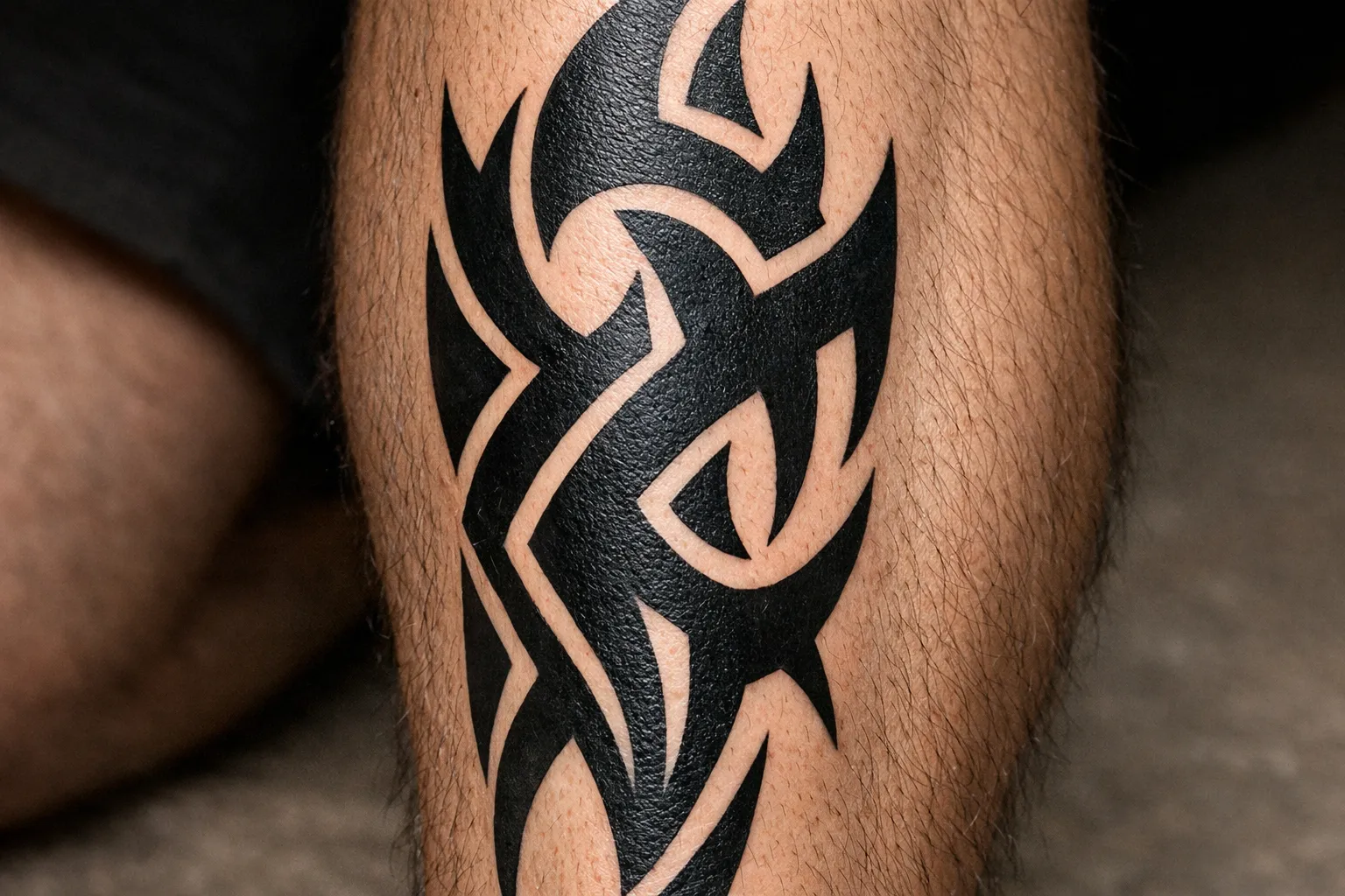 A person's lower leg with a bold black tribal tattoo design.
