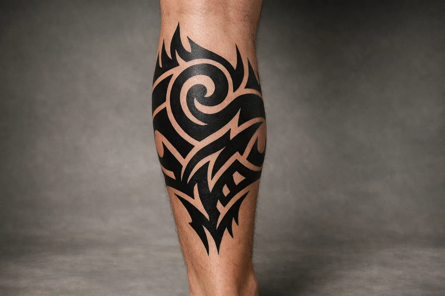 A person's lower leg with a bold black tribal tattoo against a neutral backdrop.