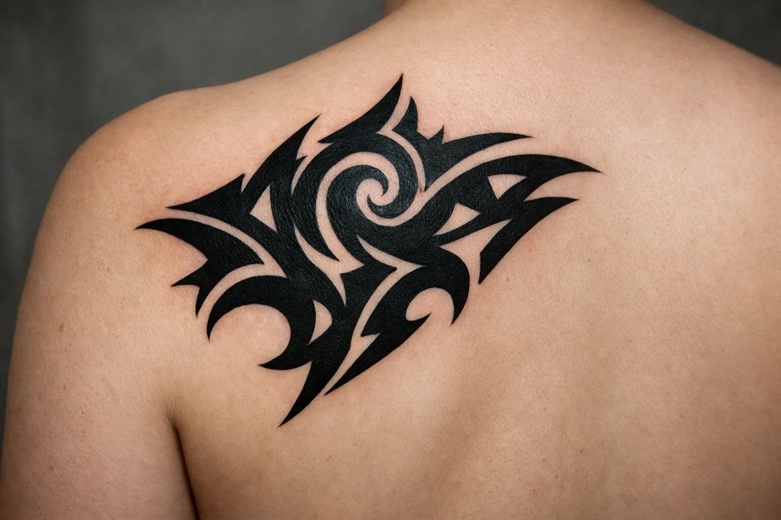 A person with a large black tribal tattoo on their upper back.