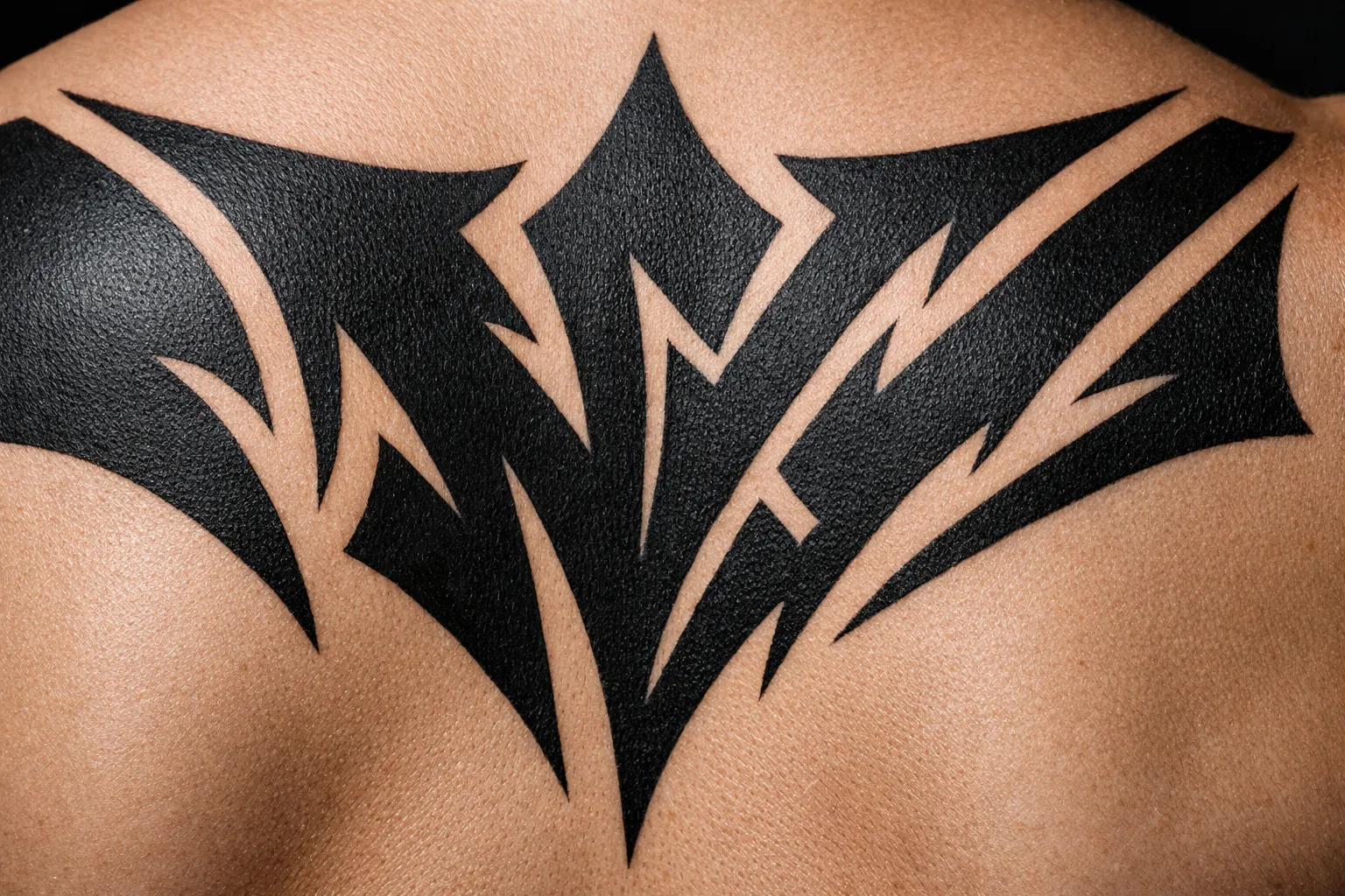 A person's upper back with a bold black tribal tattoo design spanning both shoulders.