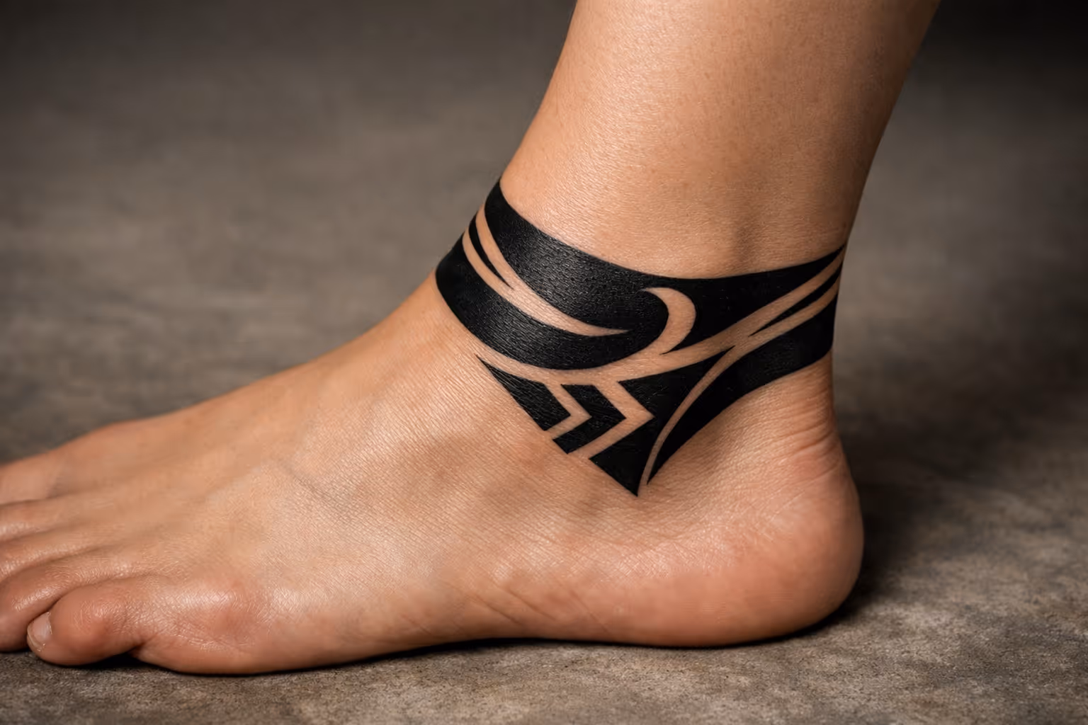 A foot with a bold black tribal-style tattoo encircling the ankle, shown against a plain background.