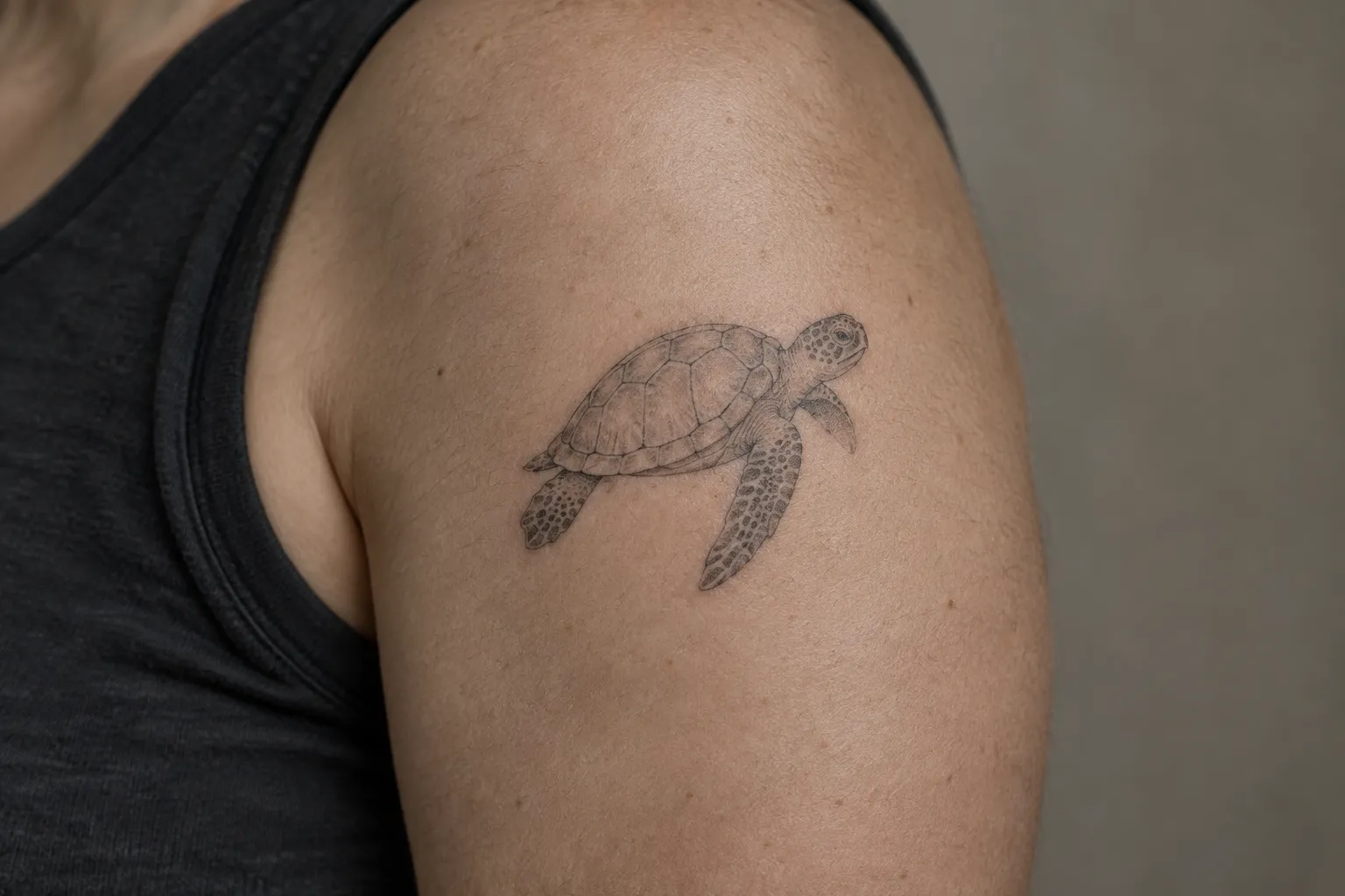 A fine-line sea turtle tattoo sits on a person's upper arm.