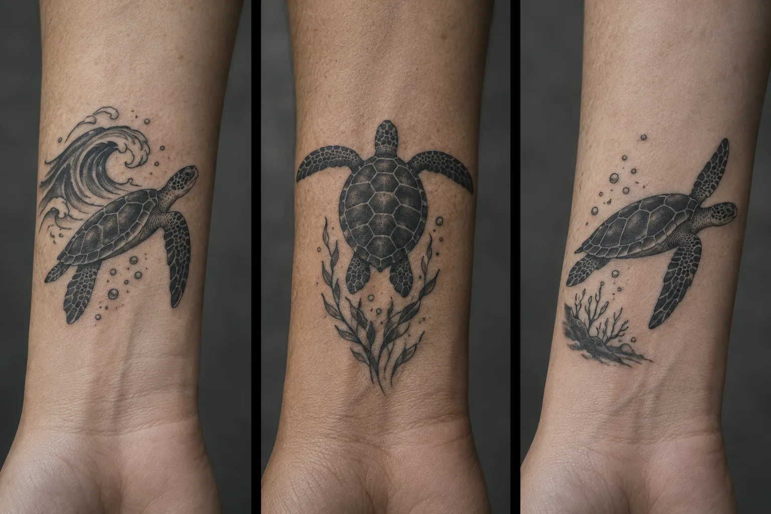 Three sea turtle tattoos on inner forearms just above the wrist, with a wave, kelp and coral.