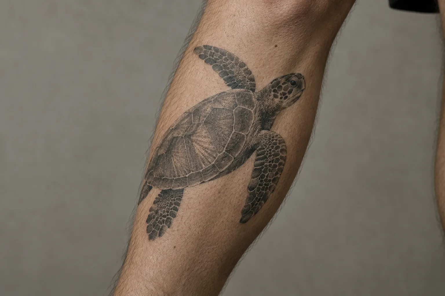 A sea turtle tattoo covers a person's lower leg.